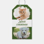 ペット好パーソナライズされたき2枚の写真グリーンクリスマス ギフトタグ (正面)