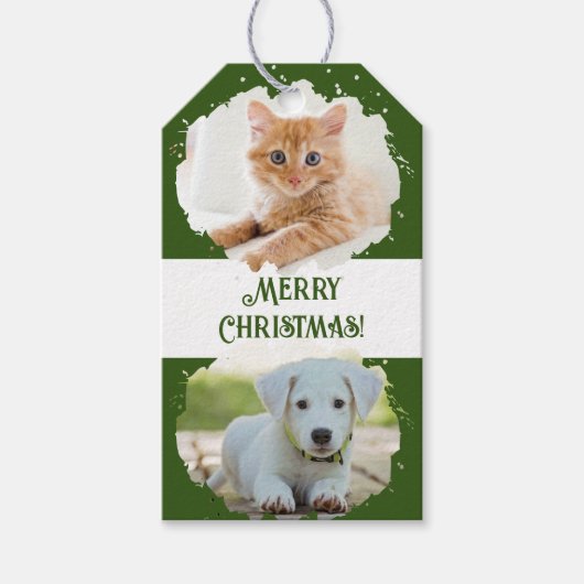 ペット好パーソナライズされたき2枚の写真グリーンクリスマス ギフトタグ (正面)