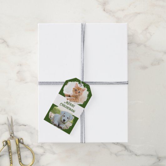ペット好パーソナライズされたき2枚の写真グリーンクリスマス ギフトタグ (より糸付き)
