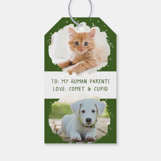 ペット好パーソナライズされたき2枚の写真グリーンクリスマス ギフトタグ (裏面)