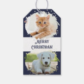 ペット好パーソナライズされたき2枚の写真ブルークリスマス ギフトタグ (正面)