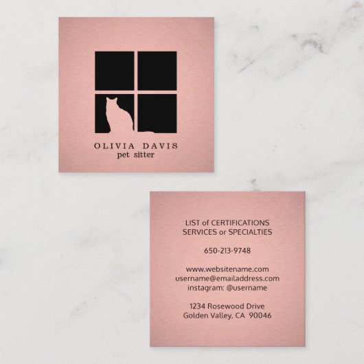 ペット座りサービスピンクローズメタリック金ゴールドフェイク スクエア名刺 (正面/裏面)