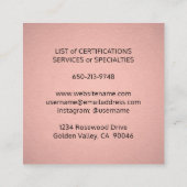 ペット座りサービスピンクローズメタリック金ゴールドフェイク スクエア名刺 (裏面)