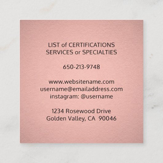 ペット座りサービスピンクローズメタリック金ゴールドフェイク スクエア名刺 (裏面)