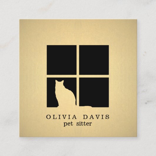 ペット座りサービスブラックと金ゴールドメタリックフェイク スクエア名刺 (正面)