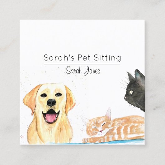 ペット座り犬ねこトレーニング水色 スクエア名刺 (正面)