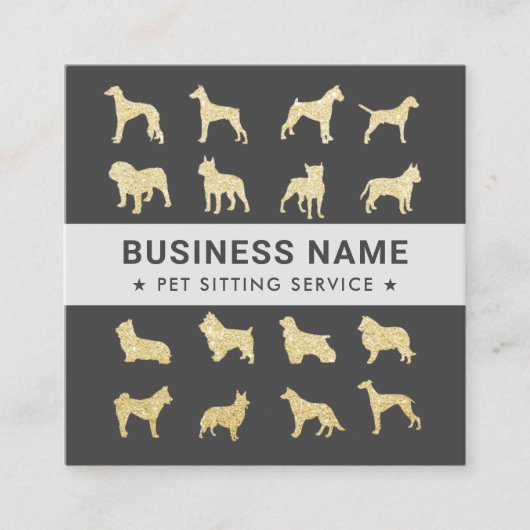 ペット座るモダン金ゴールドドッグシルエットダークゲーリー スクエア名刺 (正面)