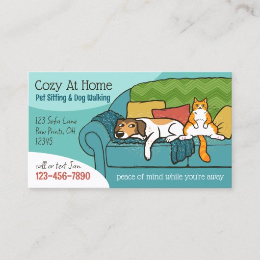 ペット座る動物気にのおもしろい犬と猫をソファに 名刺 (正面)