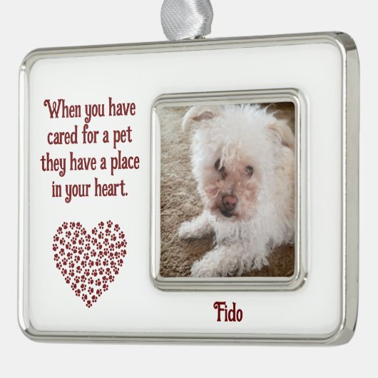 ペット引用文レッドポープリント塗りつぶしハートの形状と名前 シルバープレートフレームオーナメント (左)