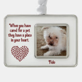 ペット引用文レッドポープリント塗りつぶしハートの形状と名前 シルバープレートフレームオーナメント (正面)