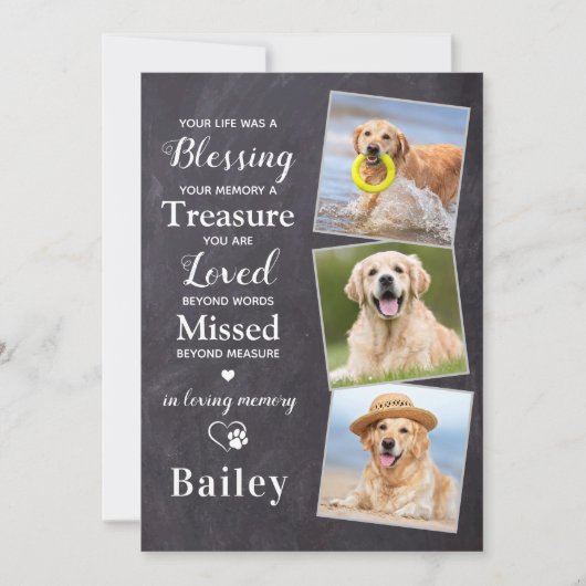 ペット悔やみや弔慰パーソナライズされた3写真犬記念碑 サンキューカード (正面)