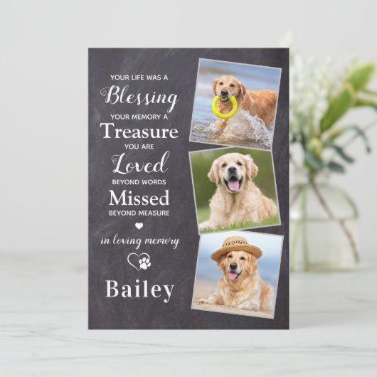 ペット悔やみや弔慰パーソナライズされた3写真犬記念碑 サンキューカード (スタンド正面)