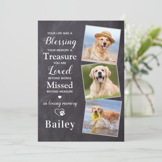 ペット悔やみや弔慰3写真犬パーソナライズされたメモリアル サンキューカード (スタンド正面)