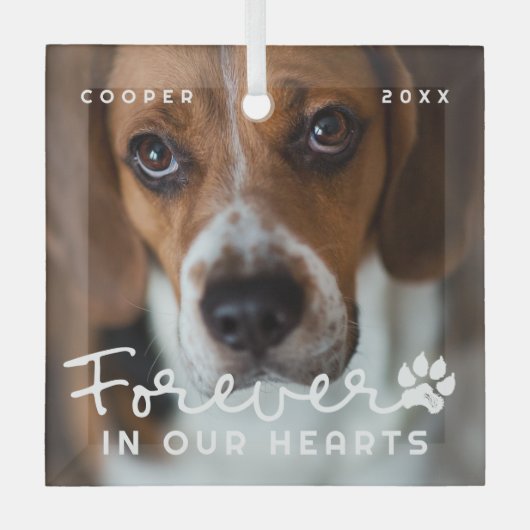 ペット永遠に私たちのハートモダン写真 ガラスオーナメント (正面)