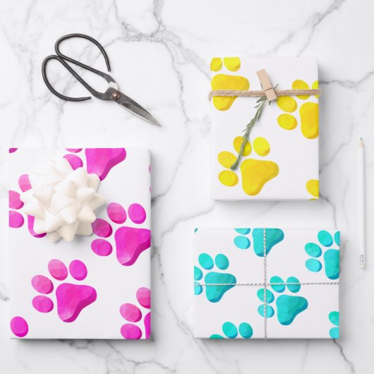 ペット犬ねこピンクイエローブルーおもしろい ラッピングペーパーシート (正面)