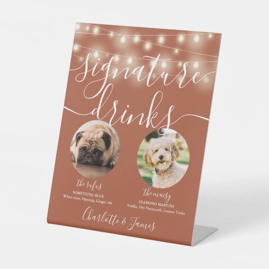 ペット犬のシグネチャードリンクストリングライトテラコッタ 台座サイン (正面)