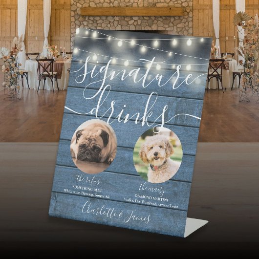 ペット犬のシグネチャードリンクストリングライトブルーウッド 台座サイン