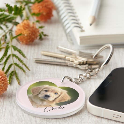 ペット犬の写真の中のハートの名前ピンク キーホルダー (正面右)