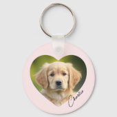 ペット犬の写真の中のハートの名前ピンク キーホルダー (正面)