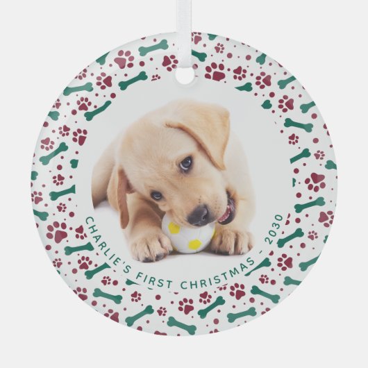 ペット犬の写真の手のプリントのパーソナライズされたクリスマス ガラスオーナメント (正面)