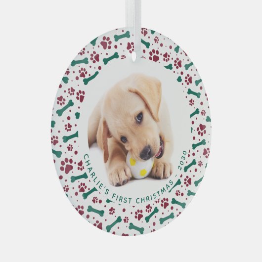 ペット犬の写真の手のプリントのパーソナライズされたクリスマス ガラスオーナメント (正面右)