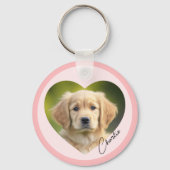 ペット犬の写真ハートの中にピンクの名前を付け縁どた キーホルダー (正面)