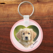 ペット犬の写真ハートの中にピンクの名前を付け縁どた キーホルダー (正面)