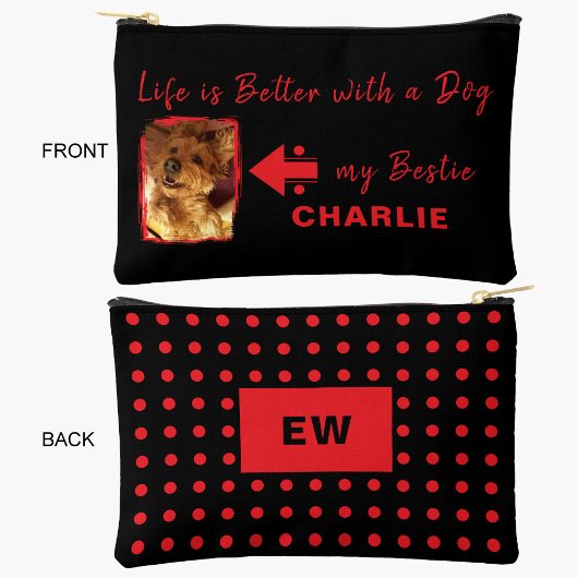 ペット犬の写真名イニシャル黒の赤 アクセサリーポーチ
