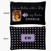 ペット犬の写真名イニシャル黒紫 アクセサリーポーチ