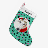 ペット犬の写真名前をカスタムするかわいい前足のプリント緑 スモールクリスマスストッキング (正面 (吊り時))