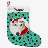 ペット犬の写真名前をカスタムするかわいい前足のプリント緑 スモールクリスマスストッキング (正面)