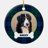 ペット犬の写真 青緑のタータンチェック柄 骨の上の名前 セラミックオーナメント (裏面)