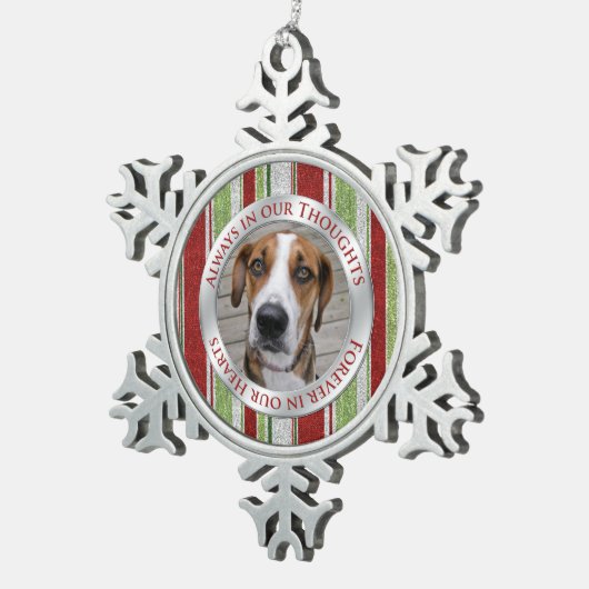 ペット犬の記念写真クリスマスキャンディーケインストライプ スノーフレークピューターオーナメント (右)