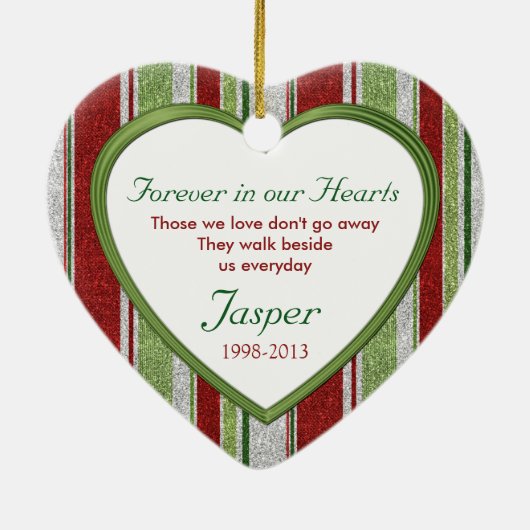 ペット犬の記念撮影ストライプハートクリスマス セラミックオーナメント (裏面)