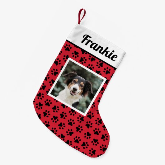 ペット犬の赤と黒の手のプリントカスタム写真 スモールクリスマスストッキング (正面 (吊り時))
