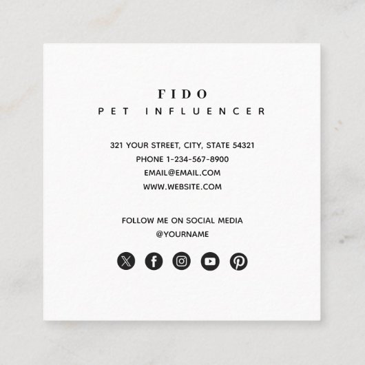 ペット犬インフルエンサー写真QRコードソーシャルメディア スクエア名刺 (裏面)