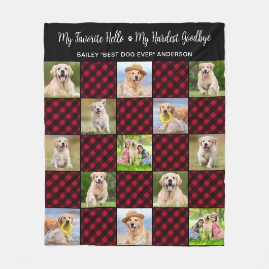 ペット犬パーソナライズされたメモリアル13写真レッドプレイド フリースブランケット (正面)