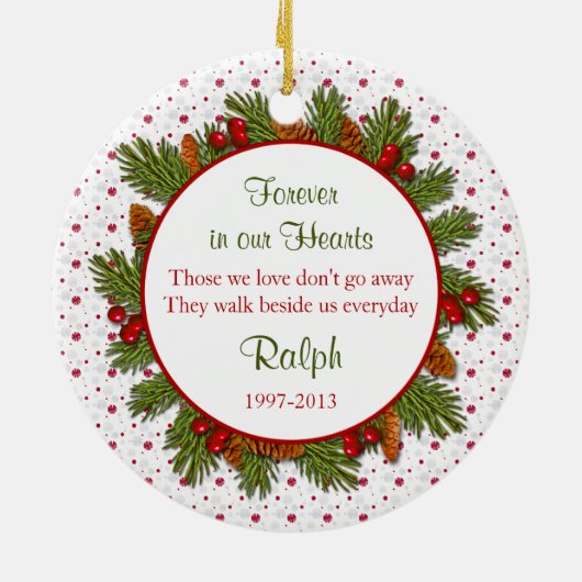 ペット犬メモリアルパイン枝ホリー写真クリスマス セラミックオーナメント (裏面)