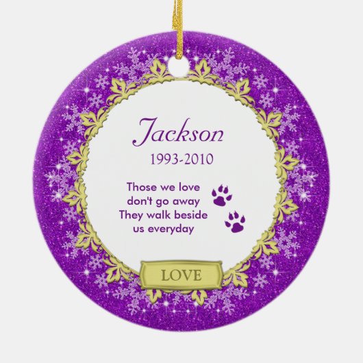ペット犬メモリアルパープルスノーフレーク写真クリスマス セラミックオーナメント (裏面)