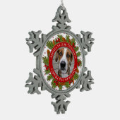 ペット犬メモリアル写真クリスマスパイン大枝ホリー スノーフレークピューターオーナメント (左)