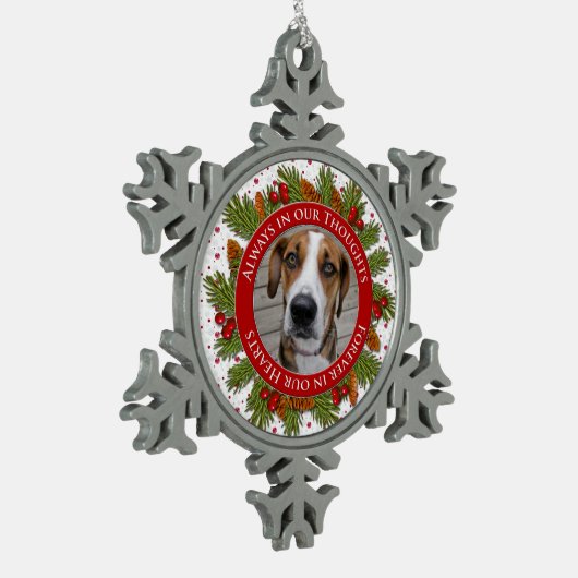 ペット犬メモリアル写真クリスマスパイン大枝ホリー スノーフレークピューターオーナメント (左)
