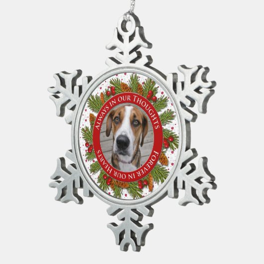ペット犬メモリアル写真クリスマスパイン大枝ホリー スノーフレークピューターオーナメント (右)