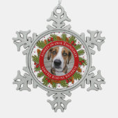 ペット犬メモリアル写真クリスマスパイン大枝ホリー スノーフレークピューターオーナメント (正面)
