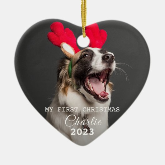ペット犬初めてのクリスマス写真スクリプトオーナメント セラミックオーナメント (正面)
