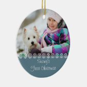 ペット犬初めてのクリスマスw.自分の写真-青 セラミックオーナメント (右)