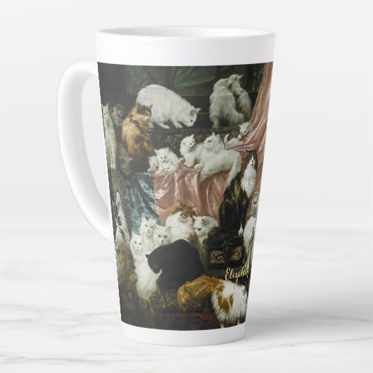 ペット猫がヴィンテージ動物モノグラムの術 カフェラテマグ (左アングル)