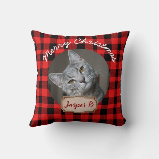 ペット猫のための赤い格子模様のクリスマスの休日の写真 クッション (裏面)