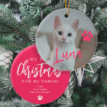 ペット猫の写真の名前paw初めてのクリスマスカスタム セラミックオーナメント<br><div class="desc">あなたの写真お気に入りの（好ましくは正方形）をアップロードし、あなたのテキストを挿入し、これらのトレンディーにあなたのペット名ピンクのスクリプトクリスマスツリーオーナメントあなたの素敵な子猫との初めてのクリスマスを思い出させるあなたのペット名を追加する記念ギフト！</div>