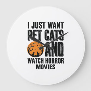 ペット猫ホラー映画ヴィンテージ・ハロウィンTシャツデザイン ラージ壁時計