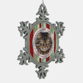 ペット猫記念写真クリスマスキャンディーケインストライプ スノーフレークピューターオーナメント (左)